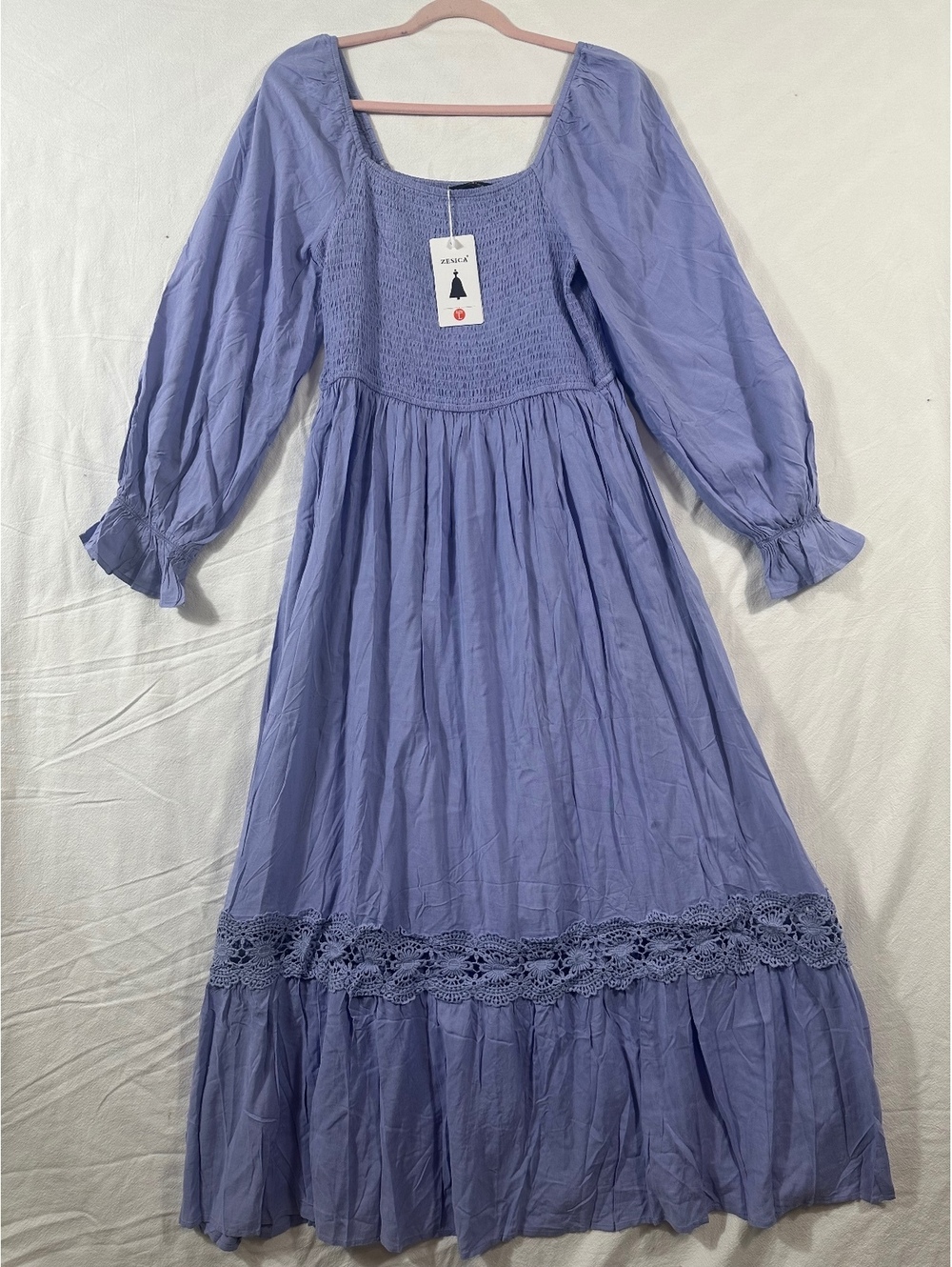 Zesica lavender smocked midi dress Peasant lace